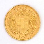 Swiss gold 20 Francs, 1947, EF.