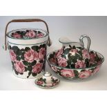 Wemyss wash set, painted with cabbage roses, also a similar inkwell, T.Goode & Co. retailers