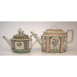 Two Prattware teapots circa 1800, both with moulded bodies, one with swan finial, painted in Pratt