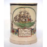 Dawson & Co. Creamware 'Peace and Plenty' mug circa 1800, printed and painted with a tall ship and