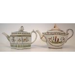 Two Prattware teapots circa 1800, both with moulded bodies, one with swan finial, the other with