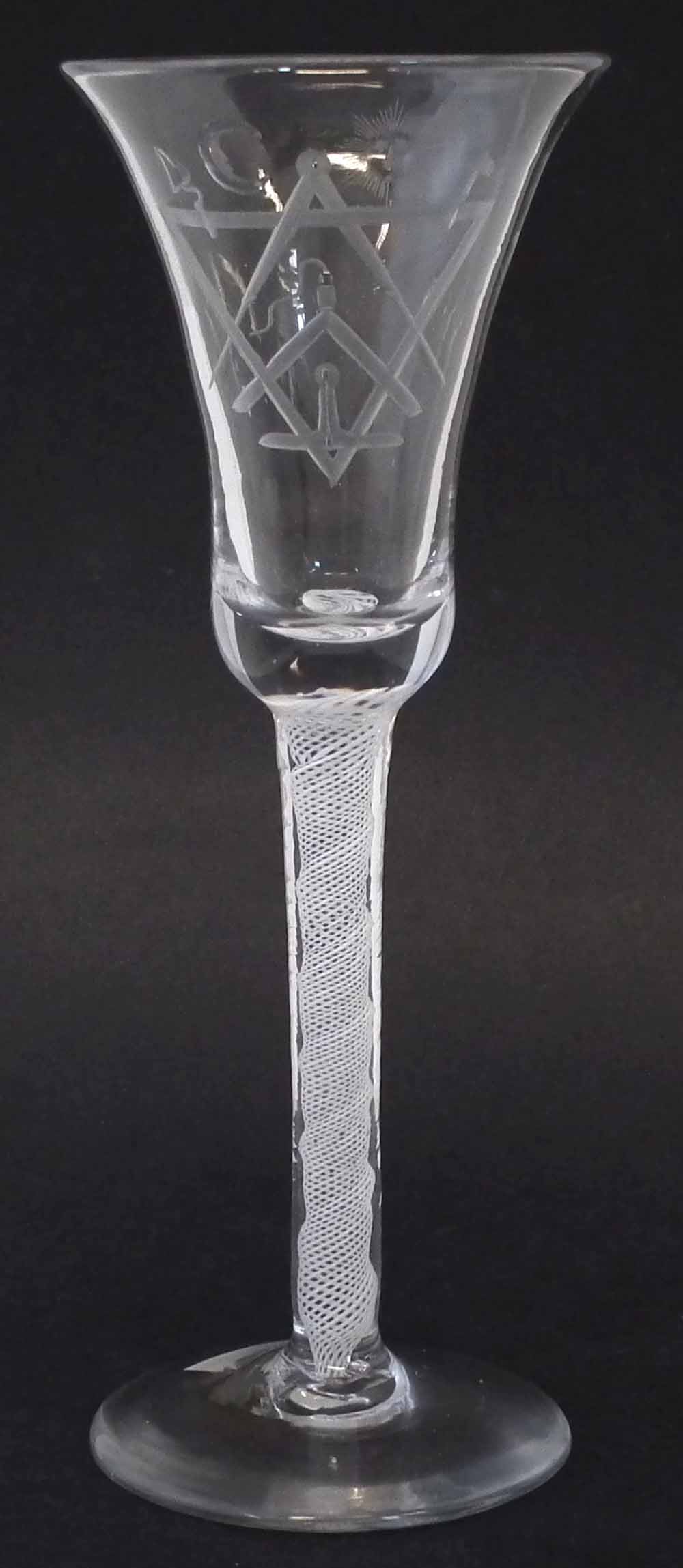 Wine Glass, bell shaped bowl with masonic engraving, opaque twist stem, and plain foot, 17.5cm high