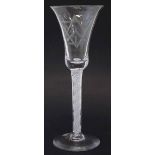 Wine Glass, bell shaped bowl with masonic engraving, opaque twist stem, and plain foot, 17.5cm high