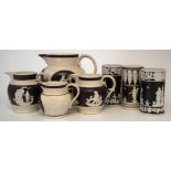 Collection of Feldspathic stoneware,   to include four jugs and three vases, sprig moulded with