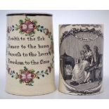 Two Creamware mugs circa 1800, one printed with 'Conjugal Felicity' after Thomas Fletcher of