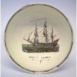 Creamware bowl circa 1800,   the interior printed with a tall ship and named 'Samuel Brown'  the