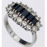 18ct (750) white gold sapphire and diamond ring, London 1978, of five baguettes surrounded by