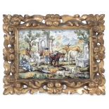 Maiolica plaque, painted with figures and cattle within resting within classical ruins, mounted in