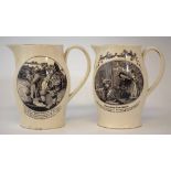 Two Creamware jugs circa 1800, printed with Highgate Tipplers, and 'The Monk Supriz'd' (sic), (2)