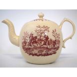 Wedgwood Creamware teapot circa 1765, printed by Sadler and Green with hunting scenes, with