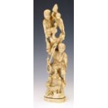 Japanese ivory okimono, late Meiji - Taisho period, carved with figures and animals on a tree stump,