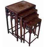 Nest of four Chinese rosewood tables with inset burr tops, mid 20th century, width 49cm, height