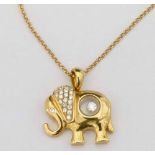 Chopard style 750 gold and diamond elephant pendant on an Italian 750 trace chain, 6.7g