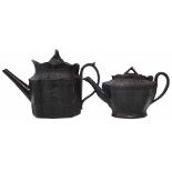 Two Black Basalt teapots circa 1800 by Moseley and Poole Lakin & Co. both with hinged covers and