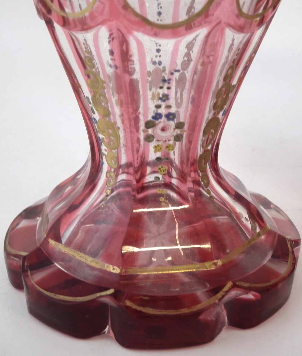 Pair of mid 19th century Bohemian glass vases, with red cut through panels, decorated with gilt - Image 3 of 10