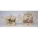 Two Creamware teapots circa 1780 probably Leeds, one painted with floral studies in yellow and