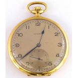 Longines 18K (750) gols cased open faced pocket watch,dated 1945, matt arabic dial, subsidiary