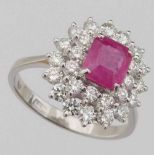 Ruby and diamond cluster ring, the central stone 1.88ct, set on 950 platinum, ring size R+, gross