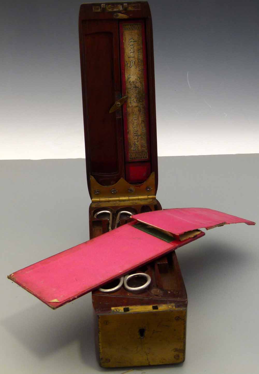 Victorian gentleman's mahogany and brass travelling toiletry box with shaped recesses for a - Image 12 of 13