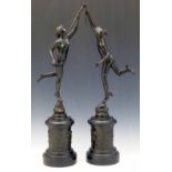 Pair of patinated bronze figures of Mercury and Fortuna, after Giambologna, height overall 50cm