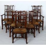 Harlequin set of eight Lancashire spindle back dining chairs, including two elbow chairs with rush
