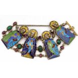 Silver and champleve enamel bracelet decorated with four figures of saints interspersed by rubies