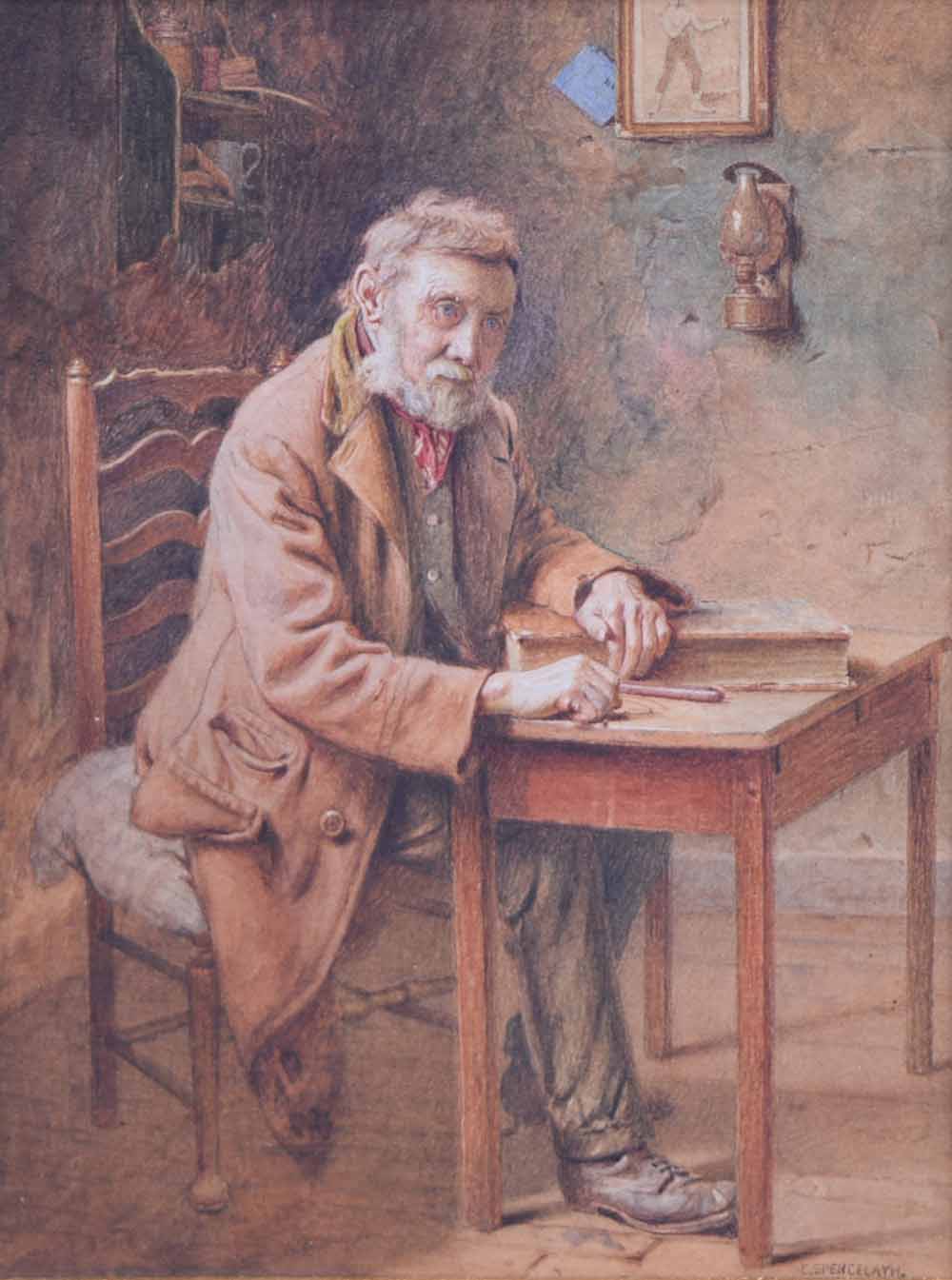 Charles Spencelayh R.M.S. (1865-1958),  "The Penitent", signed, titled on artist's label verso,
