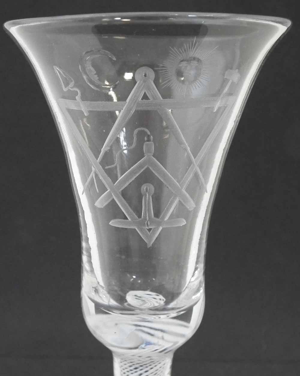 Wine Glass, bell shaped bowl with masonic engraving, opaque twist stem, and plain foot, 17.5cm high - Image 2 of 5