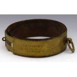 Brass and leather adjustable dog collar, inscribed " TR Harvey, 45 John Street, Stafford" width 6cm,