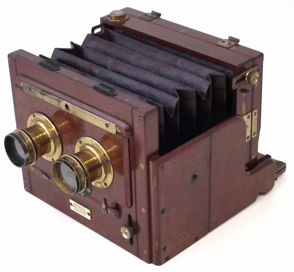 Stereo Camera, labelled Spencer Photo Chemist Chester, fitted with a pair of Wray's London 5 inch