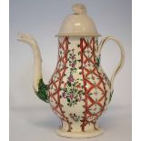 Leeds Creamware coffee pot circa 1780, decorated in the Rhodes Workshop manor with chintz type