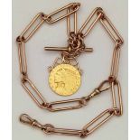 9ct gold double watch chain of elongated links with a soldered 1911 gold five dollars, gross