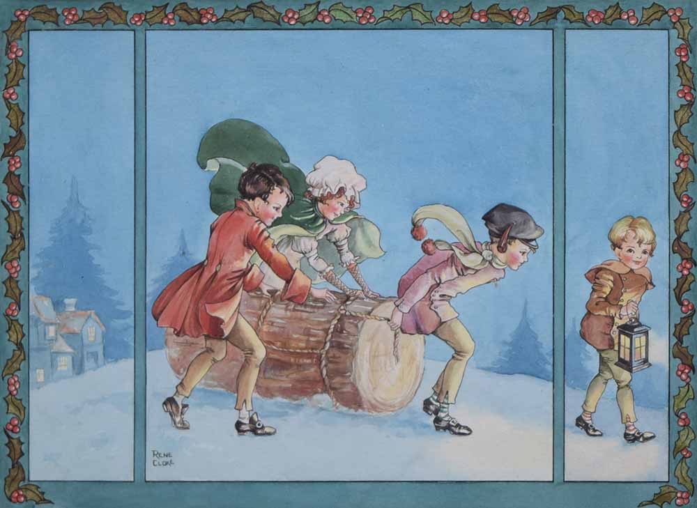 Rene Cloke (1905-1995),  Children playing in the snow, signed, watercolour and ink, 19.5 x 27.