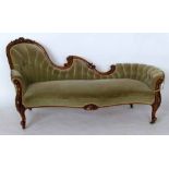 Victorian walnut show frame chaise longue upholstered in sage velvet, on French cabriole legs.