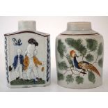 Two Prattware tea canisters circa 1800, one with moulded figures, both painted in Pratt colours