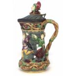 Minton majolica tower lidded jug, moulded with dancing figures, impressed marks to base, date code