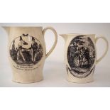 Two Creamware jugs circa 1800, printed with 'The Knowing Crops' and The Yellow Harvest Free From