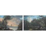 W.R. Payne, 19th century,  Coastal view at sunset and woodland scene with figures, signed, a pair,