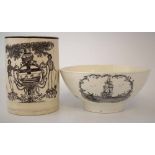 Creamware bowl and tankard circa 1800,   printed with 'Come Box The Compass' sailors a tall ship and