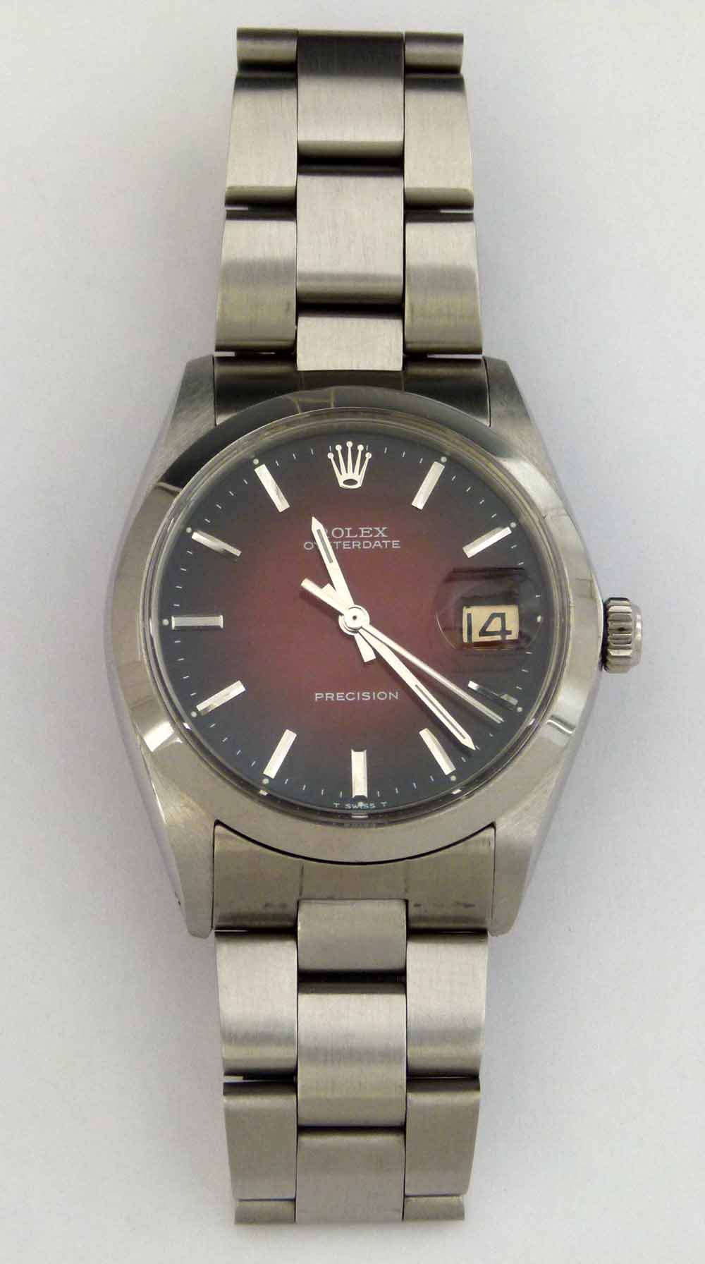 Rolex Oysterdate Precision stainless man's wristwatch, 1970's, red vignette dial, date at 3:00,