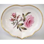 Derby heart shaped dish circa 1800   painted with a study of a cottage rose, red painted marks to