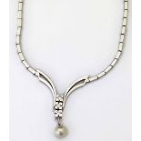 14ct (585) white gold box link necklace with an integral pendant of three diamonds and a pearl,
