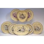 Two Lakin drab ware dishes and six plates, two with pierced borders, painted en grisaille with