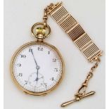 9ct gold open faced pocket watch, Dennison case Birmingham 1922, white enamel Arabic dial,