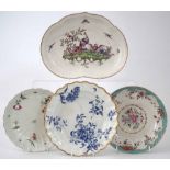 Two Worcester saucer dishes, a plate and kidney shape dish circa 1770, the dish painted with