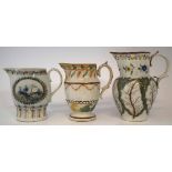 Three Prattware jugs circa 1800, one with cabbage leaf moulded body possibly by Ferrybridge, another