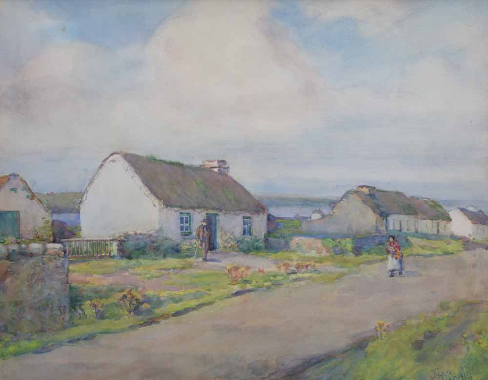 James Humbert Craig (1877-1944),  Irish village with cottages and figures, signed, watercolour, 38 x
