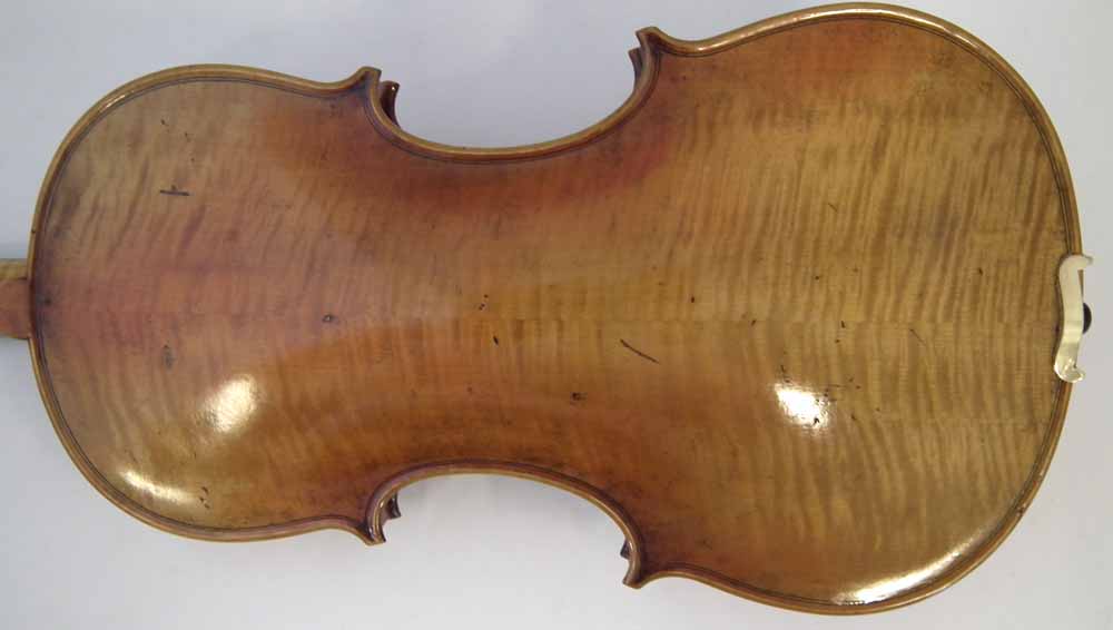 Liu Xi workshops Violin, with two piece lightly flamed back and aged golden orange varnish, with two - Image 8 of 12