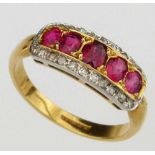 18ct gold ring of five spinels surrounded by rose and single cut diamonds, ring size Q, gross weight