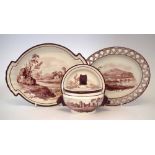 Pearlware lidded small tureen and stand, an oval pierced dish and a twin handled dish, painted in